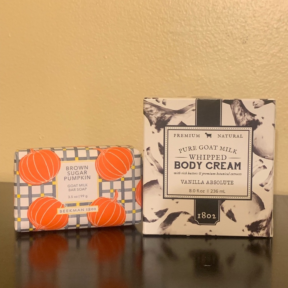 Beekman 1802 moisturizer and bar soap.